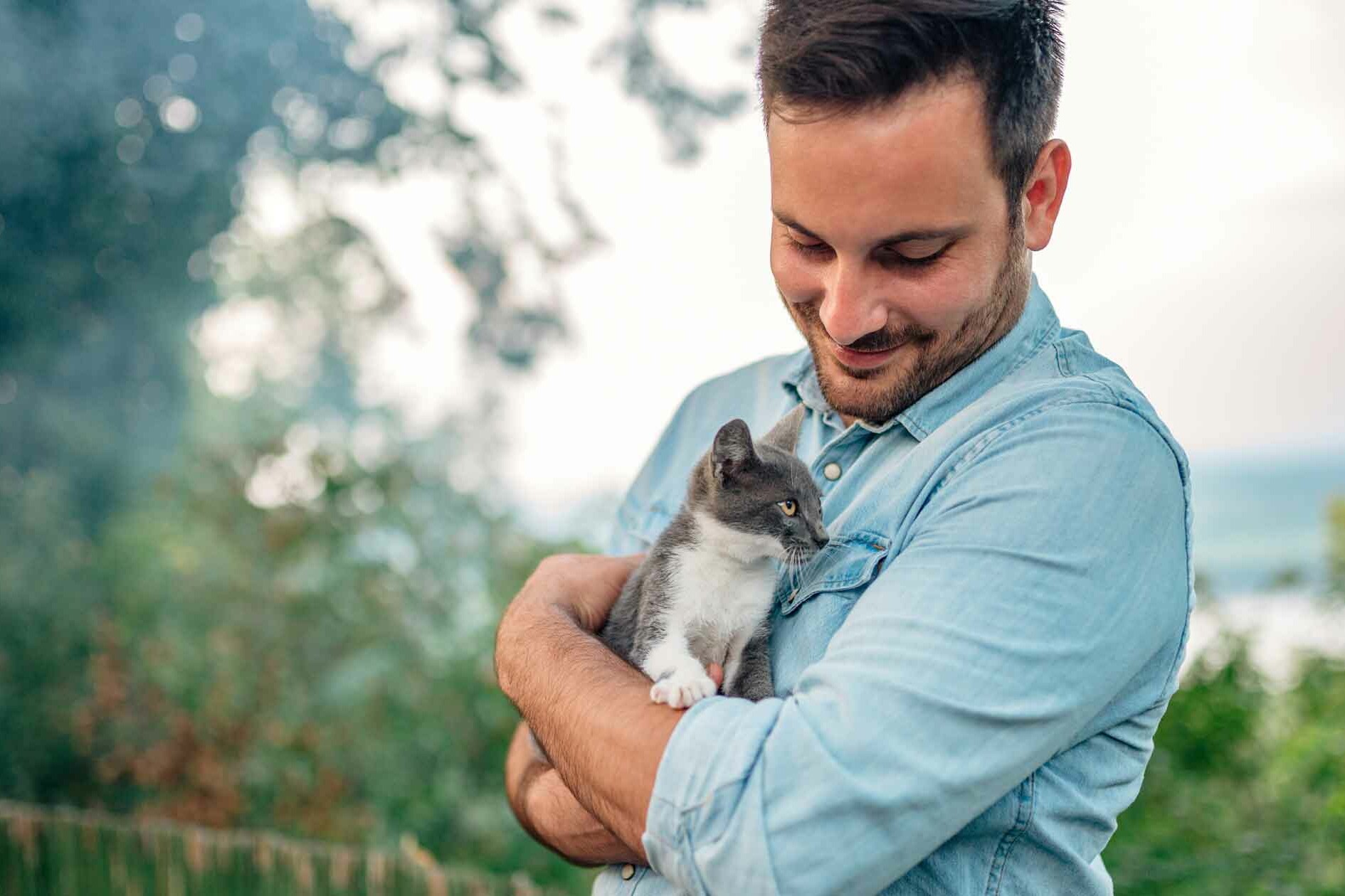 Man Holds Kitten after Feeling Lonely